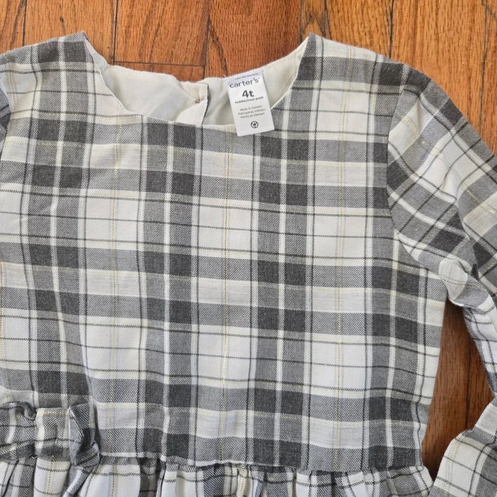 Carters‎ Toddler Girls 4T Gray White Plaid Gold Metallic Long Sleeve Bow Dress
